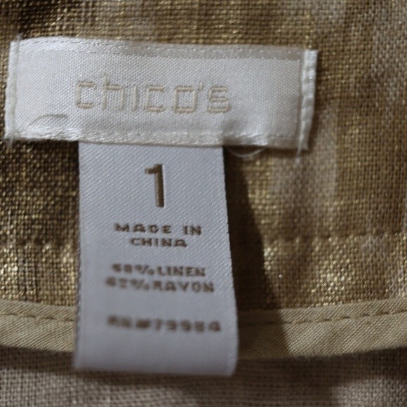 Chicos Metallic Gold Shimmery Linen Blend Blazer Jacket Zip Up Pockets  1 - Picture 7 of 16